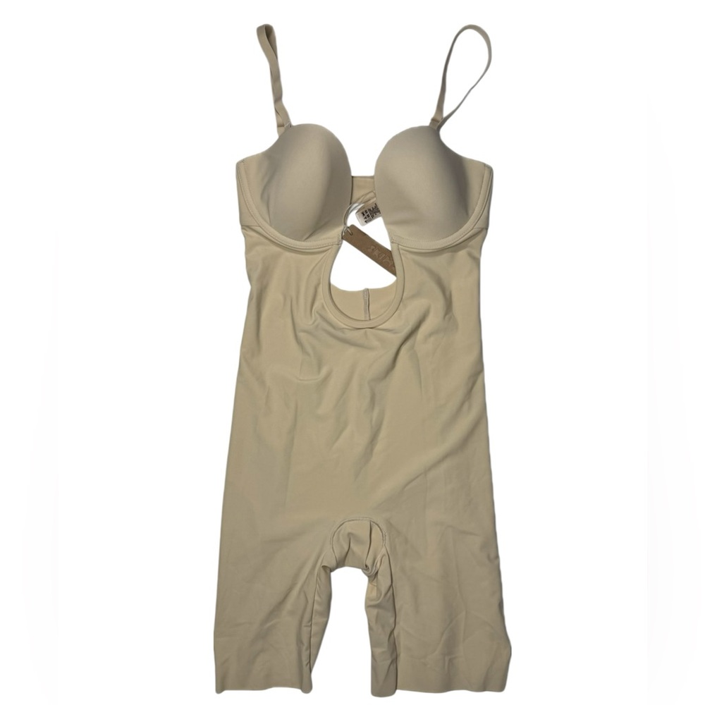 Skims deep plunge shapewear mid thigh bodysuit with extra clear straps - ‘Sand’